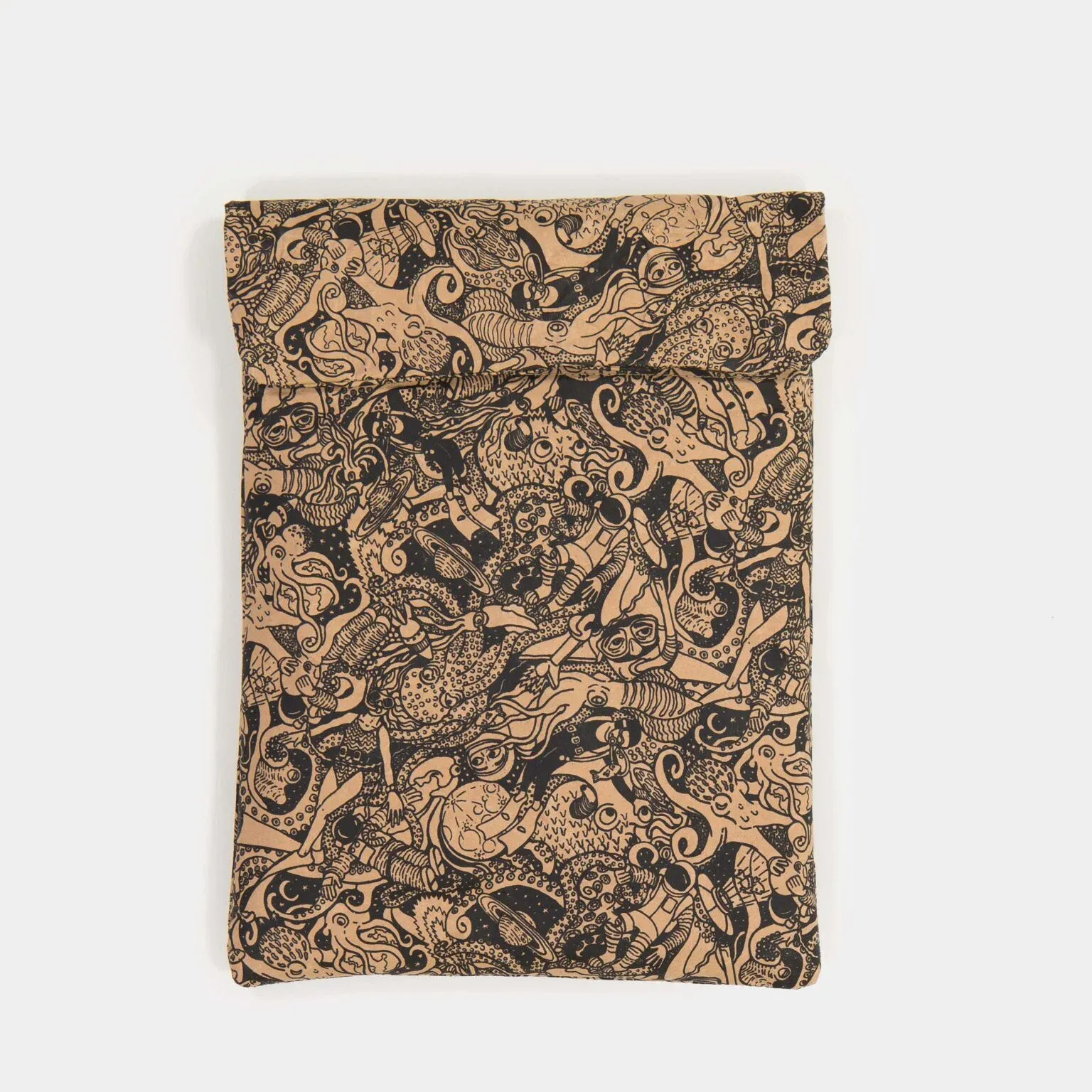A Wren iPad sleeve printed with Aimee's black-and-tan illustration